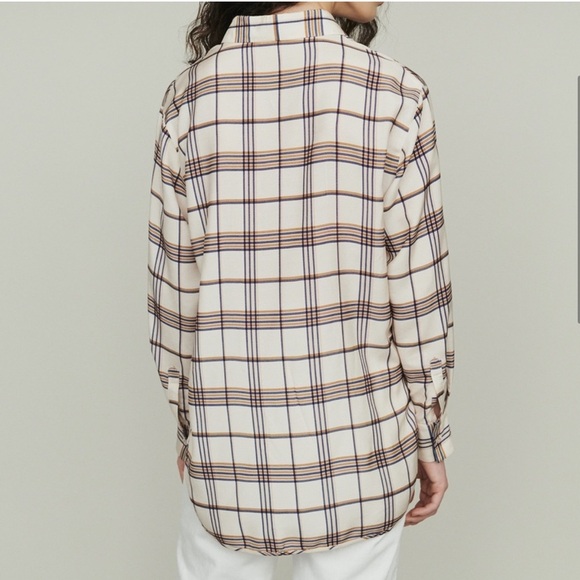 Maje Plaid Long Sleeve Button Down Shirt Blue Tan Size 3/Large - Picture 4 of 14